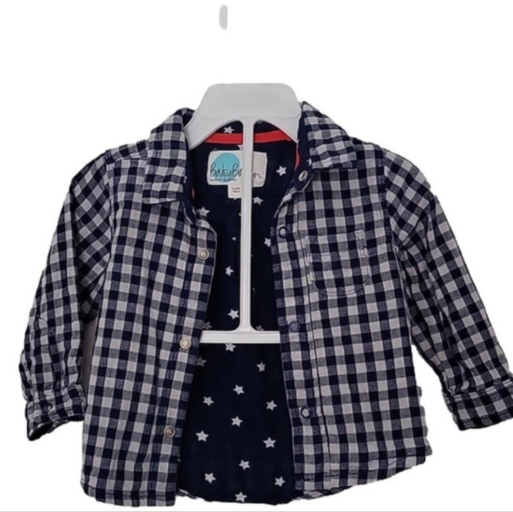 Baby Boden Gingham Check Blue Gray Stars Cotton Snaps Button Down Shirt Sz.3-6mo